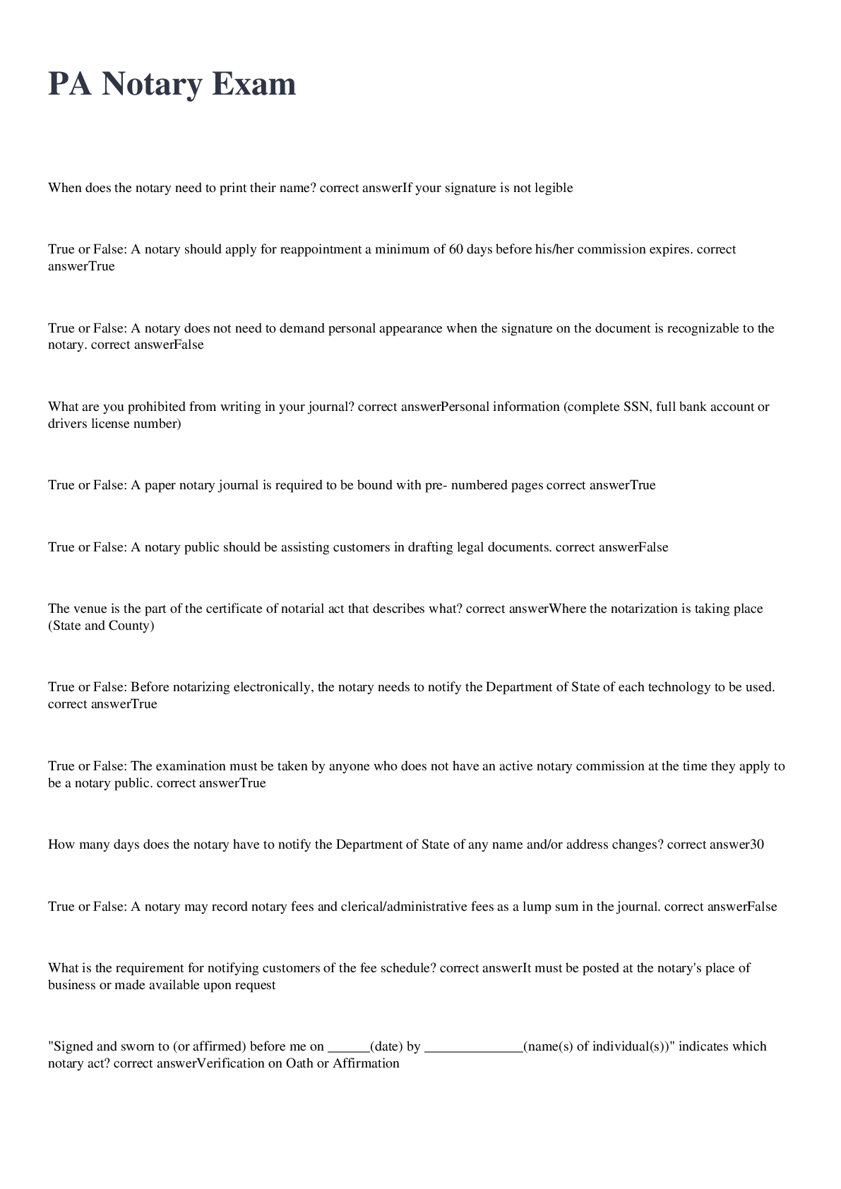 Preview image for PA Notary Exam 2022/2023 with 100% correct answers